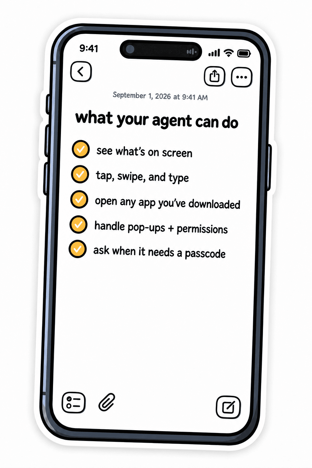 Sticker-style iPhone checklist showing what an AI agent can do on the phone